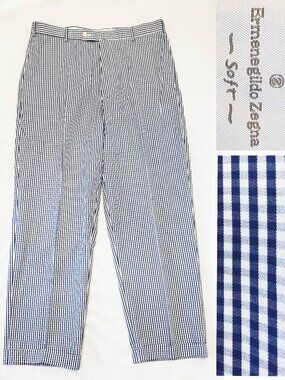 Ermenegildo Zegna Soft Men's Blue White Gingham Golf Summer Cotton Pants Trouser